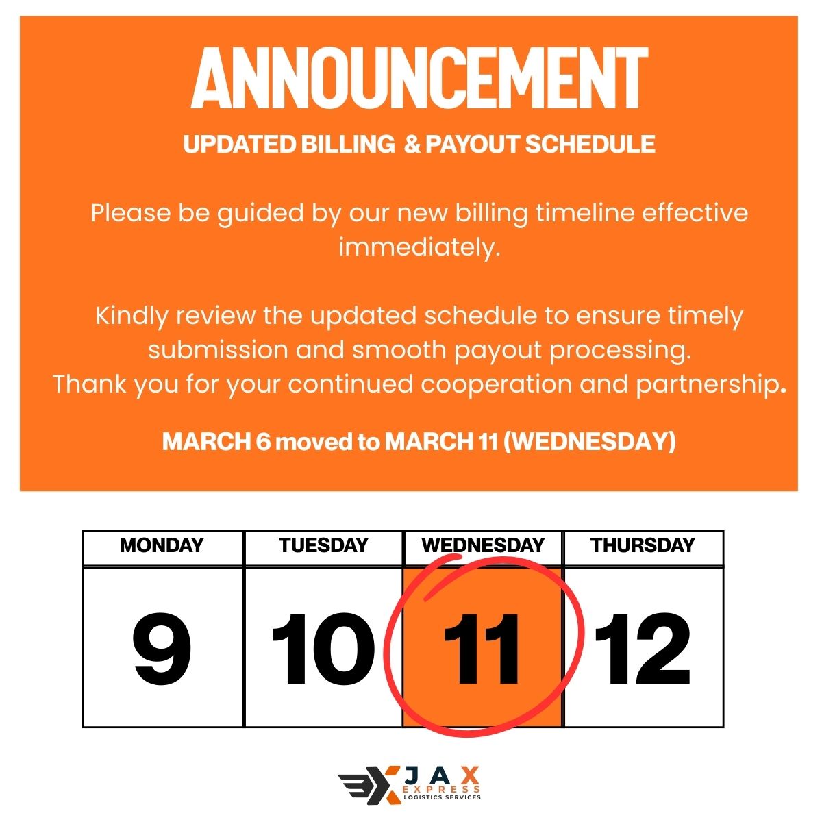 ANNOUNCEMENT: Updated Billing & Payout Schedule